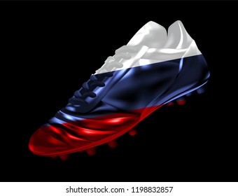 3 d Soccer football boot with the flag of  Russia printed on it, isolated on dark background, vector illustration 