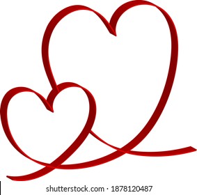 3 d two red hearts on one line - outline drawing for an emblem or logo. Template for greeting card for Valentine's Day.