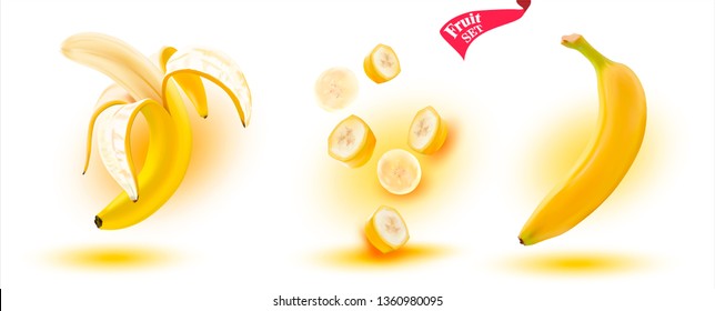 3 d. Vector image of a Banana.Realistic yellow banana on the White background.Banana Set.Slices, pieces.