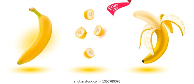 3 d. Vector image of a Banana.Realistic yellow banana on the White background.Banana Set.Slices, pieces.
