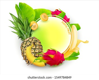 3 d. Vector Pineapple.Banana leaf.Realistic Banana.Fruit dragon eye. Pitaya.Label, sticker for product packaging for sale.Vector Illustration. 