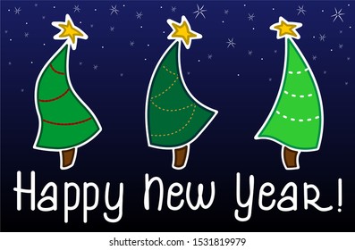 3 dancing christmas trees with stars on a blue background with snowflakes. New Year, Christmas. For decoration, greeting cards, scrapbooking, Poster. Handwritten "Happy new year!". Lettering.