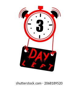 3 day left countdown icon. One day go sale price offer promo deal timer and business date count label, 3 day only. Flat vector illustration on white background.