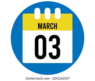 Vector del calendario de 3 días de marzo. Icono de la página del calendario para los días de marzo. Círculo azul con calendario amarillo