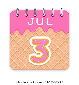 3 day of the month. July. Waffle cone calendar with melted ice cream. 3d daily icon. Date. Week Sunday, Monday, Tuesday, Wednesday, Thursday, Friday, Saturday. White background. Vector illustration.