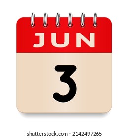 3 day of the month. June. Flip old formal calendar. 3d daily icon. Date. Week Sunday, Monday, Tuesday, Wednesday, Thursday, Friday, Saturday. Cut paper. White background. Vector illustration. 
