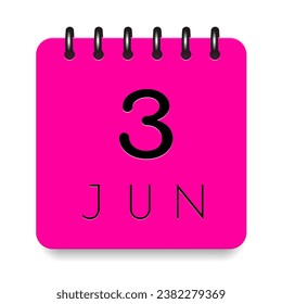 3 day of the month. June. Pink calendar daily icon. Black letters. Date day week Sunday, Monday, Tuesday, Wednesday, Thursday, Friday, Saturday. Cut paper. White background. Vector illustration.
