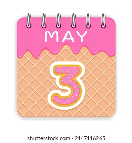 3 días del mes. Mayo. Calendario de cono de gofre con helado derretido. Icono de 3d diario. Fecha. Semana Domingo, Lunes, Martes, Miércoles, Jueves, Viernes, Sábado. Fondo blanco. Ilustración vectorial.