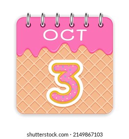 3 day of a month. October. Waffle cone calendar with melted ice cream. 3d daily icon. Date. Week Sunday, Monday, Tuesday, Wednesday, Thursday, Friday, Saturday. White background Vector illustration