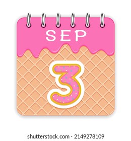 3 day of a month. September. Waffle cone calendar with melted ice cream. 3d daily icon. Date. Week Sunday, Monday, Tuesday, Wednesday, Thursday, Friday, Saturday. White background Vector illustration
