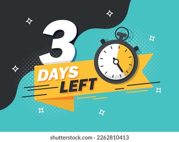 3 days left icon in flat style. Offer countdown date number vector illustration on isolated background. Sale promotion timer sign business concept.