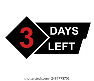 Quedan 3 días. Vector con el número de días restantes. etiqueta, despertador rojo plano con cinta, ícono de promoción, Ilustración vectorial de símbolo de mejor oferta.