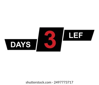 Quedan 3 días. Vector con el número de días restantes. etiqueta, despertador rojo plano con cinta, ícono de promoción, Ilustración vectorial de símbolo de mejor oferta.