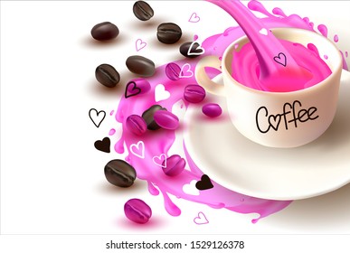 3 d.Coffee beans. Realistic Vector image of isolated roasted coffee beans on a white background.A Cup Of Coffee. Flowing drink, foam, drops of liquid.