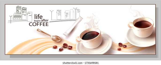 3 d.Coffee beans.Cup and saucer.A Cup Of Coffee.Realistic Vector image of isolated roasted Coffee Beans on a White background. Flowing Drink, Foam, drops of liquid.