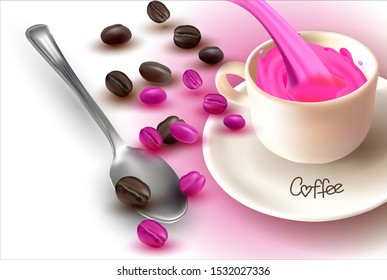 3 d.Coffee beans. Vector Teaspoon.Realistic Vector image of isolated roasted coffee beans on a white background.A Cup Of Coffee.