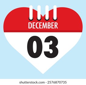 3 December calendar icon red heart shape on light sky blue color background, calendar vector symbol for the month of December.