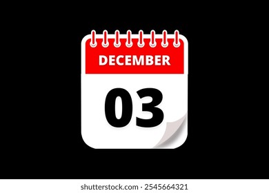 3 December calendar icon text page monthly web design on red, white and black background vector, icon, or illustration with the month of December 3