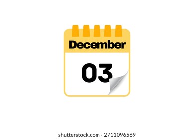 3 December calendar icon text page monthly web design on white, black and yellow background vector, icon, or illustration with the month of December 3