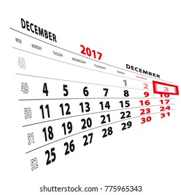 3 December highlighted on calendar 2017. Week starts from Monday. Vector Illustration.
