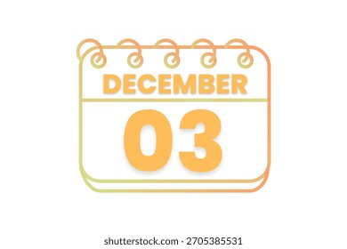 3 Diciembre mes Vector de un solo día, ilustración, calendario con naranja, amarillo, marrón y blanco color de fondo icono de calendario de 3 de diciembre