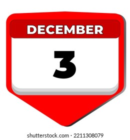 3 December vector icon calendar day. 3 date of December. Third day of December. 3rd date number. 3 day calendar. Three date. World Disabilities. Vector illustration