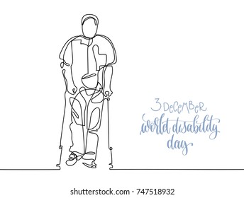 3 december world disability day hand lettering typography poster with continuous line black drawing in minimalistic style, elderly man walking with help of crutches, calligraphy vector illustration
