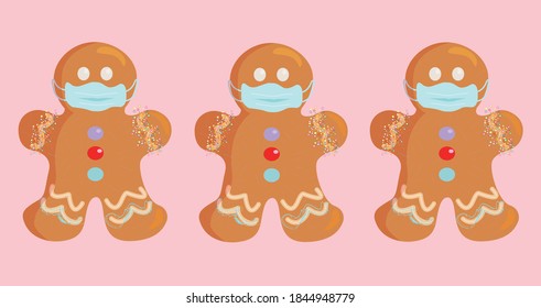 3 detailed and sweetest gingerbread men with masks on the soft pink background Decoration food Funny stickers Holidays Christmas time New year vacation Tasty gingerbread. Virus 2021 Xmas food pattern - Shutterstock ID 1844948779