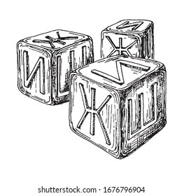 3 dice Outline vector hand drawn illustration. Sketch