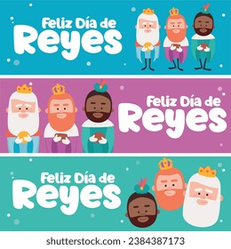 3 different banners. Happy epiphany written in spanish in three different colors.. Three funny wise men. Kings of orient on blue background.
