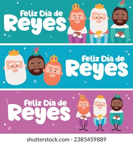 3 different banners. Happy epiphany written in spanish in three different colors.. Three funny wise men. Kings of orient on blue background.
