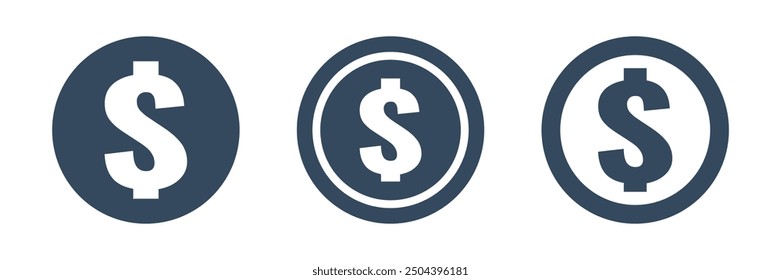 3 different coins with dollar symbol, american currency vector icons pack, round pictogram collection