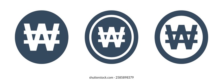 3 different coins with korean won symbol, south korean won currency vector icons pack, round pictogram collection