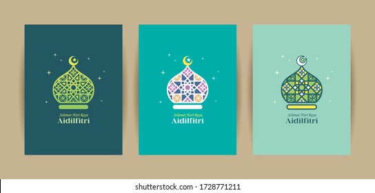 3 Different Colors Of Mosque Symbol Flat Design. Hari Raya Aidilfitri Greeting Card Template Set. Modern Islamic Motif Icon Design. (translation: Fasting Day Celebration)