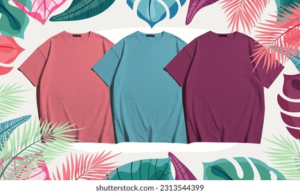 3 different colour pink , paste , dark purple blank t shirt and mockup design or collection with eye catching minimalist type background design