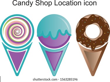 3 different creative types candy shop location icons designs illustator file with light happy colors, lollipop, ice cream and donuts delicious design  