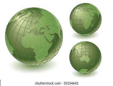 3 different earth views with country borders. Highly detailed. Vector version with separate layers for globe, grid, continents and borders, fully editable.
