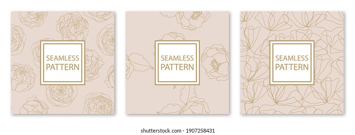 3 Different flower vector seamless patterns. Romantic chic floral textures can be used for printing onto fabric and paper or scrap booking. Pink, white and gold colors. For baby, girl and woman.