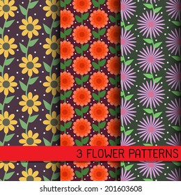 3 Different flower vector seamless patterns 