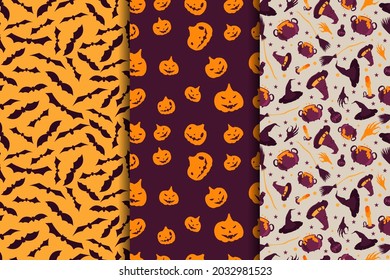 3 different halloween vector seamless patterns. Endless texture can be used for wallpaper, pattern fills, web page,background,surface