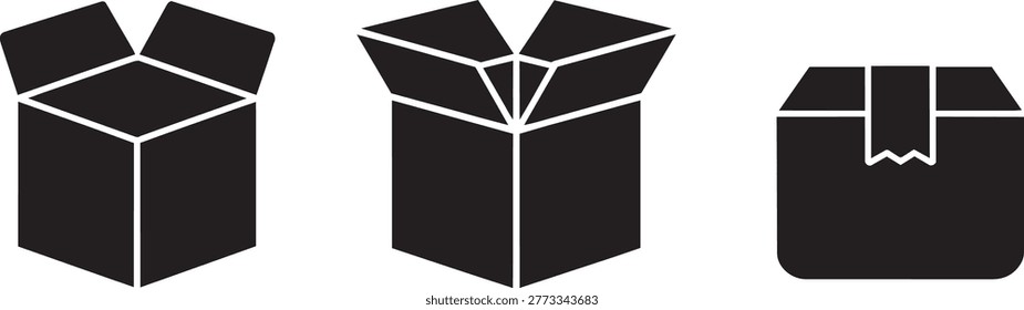 3 different icon style illustrations of packing boxes are presented. 1 box is open with flaps extended, another is a similar open box with folded flaps, and th.