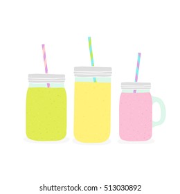 3 different jars with smoothie. Objects isolated on white. Vector hand drawn illustration.