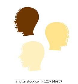 3 different nationalities of head profile people in different colors. Vector illustration on white background.