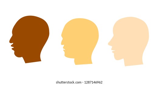 3 different nationalities of head profile people in different colors. Vector illustration on white background.