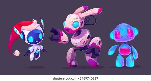 3 different robots 1 with a New Year's cap, 2 in the form of a bunny and 3 blue robots with red eyes