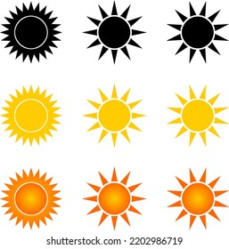 3 different sun designs in black, yellow and orange colors, vector illustration