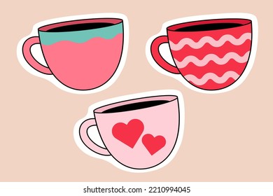 3 different tea or coffee set cups vector Illustrations
