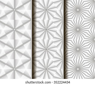 3 different vector seamless white patterns.  3D wire geometry. Endless texture can be used for wallpaper, pattern fills, web page background,surface textures.