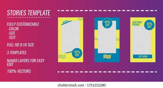 3 vectores diferentes plantilla de banner de medios sociales de tamaño 9:16, con dos colores, azul y amarillo, para anuncio de promoción de venta de productos