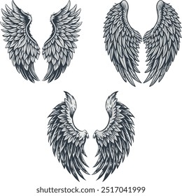 3 different Vintage Angel Wings Vector Set - Hand-Drawn Feathered Wings Design